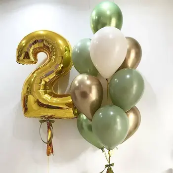 15/20 adet Avokado Yeşil Lateks Balonlar 32 inç Altın Numarası Folyo Helyum Balon Setleri Bebek Duş Düğün Doğum Günü Partisi Süslemeleri