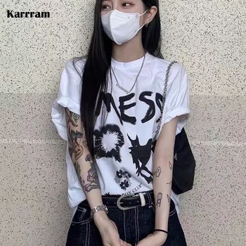Karrram kore moda tişörtler Kpop Grunge Büyük Boy Tshirt Grafik Karışıklık Gotik Mektup Baskılı Üstleri Japon Streetwear Kadın