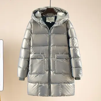 Moda Parkas Kış Ceket Bayan 2022 Yeni Parlak Pamuk Yastıklı kapüşonlu ceket Rahat Kadın Sıcak Gevşek Uzun Kar Dış Giyim Parkas