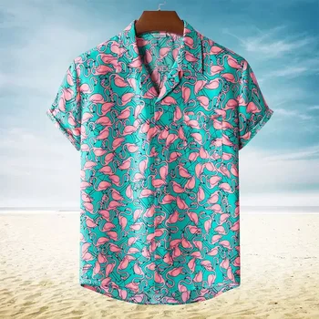 2022 Yaz Yeni Kısa Kollu Plaj Gömlek Erkek Tatil Parti Tatil Giyim Şık Flamingo Baskı Hawaiian Aloha Gömlek Erkekler