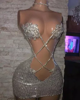 Seksi Gümüş Kısa balo kıyafetleri 2022 Sevgiliye Sparkly Boncuk Kokteyl Elbise Afrika Resmi Nijerya Doğum Günü Partisi Gala Elbise