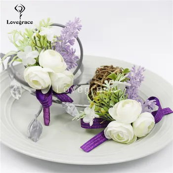 Lovegrace Yaka Çiceği Gelin Düğün Korsaj Yapay İpek Gül Çiçek Erkekler Yaka Çiceği Kız Bilek Korsaj Beyaz Mor Çiçekler