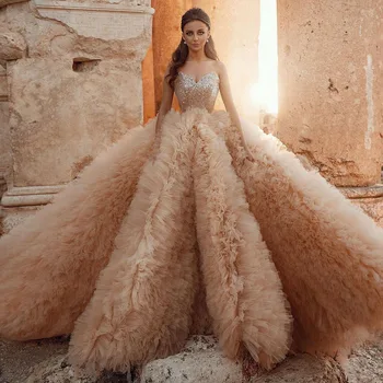 Sparkle Balo Elbise Sevgiliye Sequins Lush düğün elbisesi Şampanya Uzun Tül Şık Kadın Abiye Artı Boyutu 2021