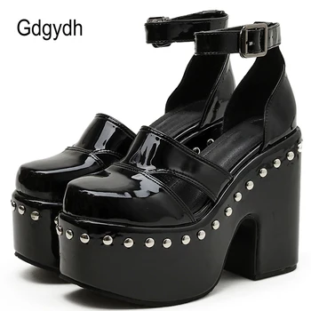 Gdgydh Perçin Siyah Gotik Tarzı Kadın topuklu ayakkabılar Tıknaz Topuklu Sıcak INS Serin Yaz Goth Platformu Pompaları Kadın Iki Parçalı Büyük Boy