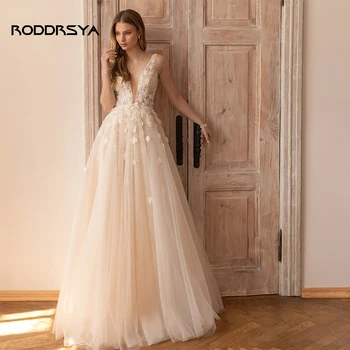 RODDRSYA Prenses düğün elbisesi 3D Çiçek V Boyun Kolsuz Backless Dantel Aplikler Bir Çizgi Tül gelin kıyafeti Vestidos De Novia