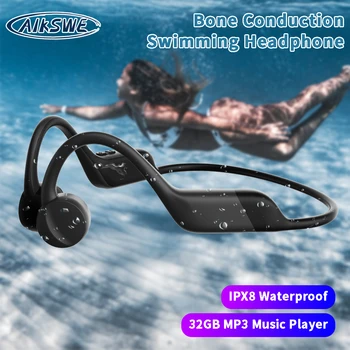 AIKSWE Kemik Iletim Yüzme Kulaklıklar 32 GB IPX8 Su Geçirmez Bluetooth Kablosuz Kulaklık MP3 Müzik Çalar Spor Kulaklık