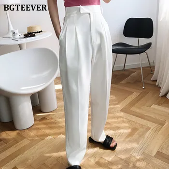 BGTEEVER Zarif Şık Gevşek Geniş Bacak Pantolon Kadınlar için Yüksek Bel Kadın Beyaz Takım Elbise Pantolon Bayanlar İlkbahar Yaz Pantalon 2021