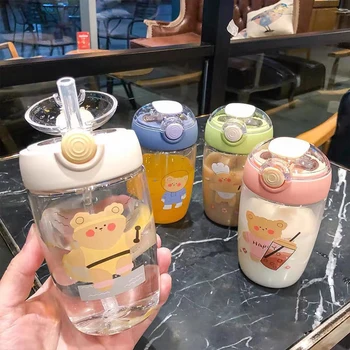 Çocuk su şişesi sevimli karikatür ayı desen yaratıcı taşınabilir mini kız basit yaratıcı ıçme saman ıçme bardağı