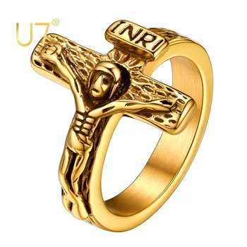 U7 İsa haç yüzük paslanmaz çelik yüzük Band Vintage parmak yüzük dini inanç takı