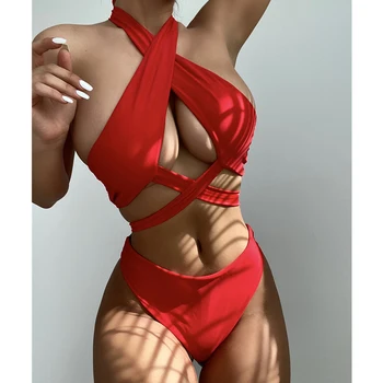 Seksi Halter Hollow Çapraz Bikini Set Mayo kadın 2022 Yeni Katı İki Parçalı Mayo Yaz Beachwear Kadın Banyo Mayo takım elbise