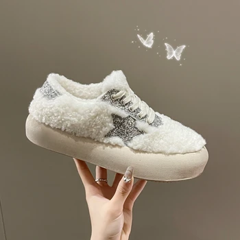 Lüks Kadın Sneakers Yüksek Moda Bling Glitter Yıldız Deco Ayakkabı Bayanlar Marka Tasarım Kalın Taban Kürklü Lambswool Zapatos De Mujer