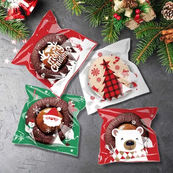 100 adet Yeni Yıl 2023 Noel Ağacı Noel Baba Kurabiye Ambalaj Poşetleri Ekmek Hediye Şeker Muffin Kendinden yapışkanlı plastik poşetler