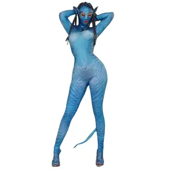 Kadınlar Yeni Mavi Avatar Çift Seksi Tulum Streç Balo Parti Lüks Sahne Kıyafeti Gece Kulübü Gösterisi Kostüm Performans Cadılar Bayramı