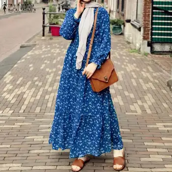 ZANZEA Müslüman Kadınlar Vintage Çiçekli Baskılı Elbiseler Abaya Türkiye Başörtüsü Elbise bahar uzun kollu elbise Kaftan Vestido Ruffles Sundress
