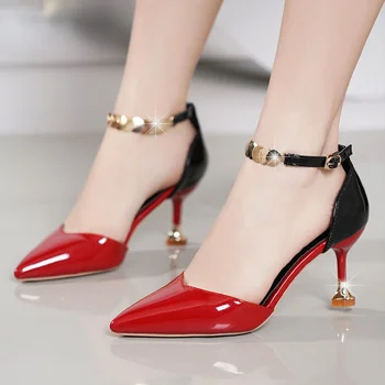 Zapatos De Mujer Kadın Moda Tatlı Sivri Burun Tokaları Kayış Stiletto Topuklu Bayan Serin Kırmızı Parti Topuk Ayakkabı Beyaz Topuklu