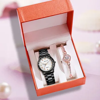 Moda 3 adet Set Kadın Saatler Lüks Siyah Çelik Kayış Kadın quartz saat Bayanlar Kuvars kol saati Bilezik Seti Reloj Mujer