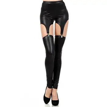 2022 Pants Faux Leather Women Tight Suspender Leggings Buckle Waist Garter Pants брюки женские