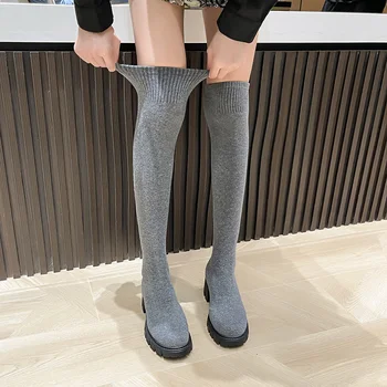 Seksi İnce Diz Üzerinde Streç Çorap Çizmeler Kadın Sonbahar Kalın Yüksek Topuklu Uzun Çizmeler Kadın kaymaz platform ayakkabılar Rahat