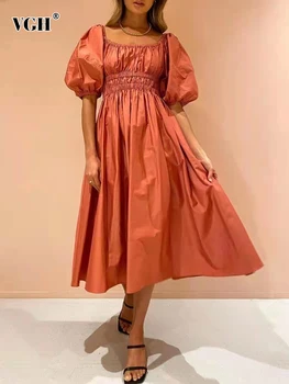 VGH Vintage Baskı Çiçek Colorblock Elbise Kadınlar İçin Yuvarlak Boyun Puf Kollu Yüksek Bel Midi Elbiseler Kadın Giyim Moda Stil