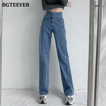 BGTEEVER Vintage Gevşek Çift Düğme Kadın Denim Pantolon 2022 Bahar Yüksek Bel Düz Kadın Kot Pantolon