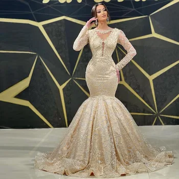 Xıjun Lüks Altın Dantel Aplikler Süpürgelik Pullu Mermaid balo kıyafetleri Uzun Kollu Abiye Düğün Parti Kıyafeti 2022