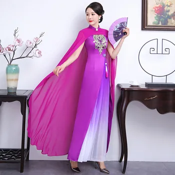 Saten 2 ADET Mor Cheongsam Seti Degrade Pelerin Qipao Takım Elbise Çiçek Uzun Seksi Çin Elbiseler Büyük Boy Sahne Performansı Vestidos