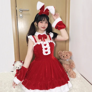 Noel Kostüm Lolita Tavşan Kız Cosplay Üniforma Tam Set Kırmızı Seksi Elbise Pembe Yay Kawaii Hizmetçi Kıyafeti Noel Rol Oynamak Kostümleri