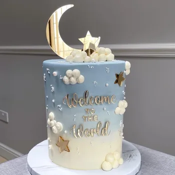 Altın Akrilik Doğum Günü Pastası Topper Altın Yıldızlara Hoş Geldiniz Ay Kek Toppers Bebek Doğum Günü Partisi için Kek Dekorasyon