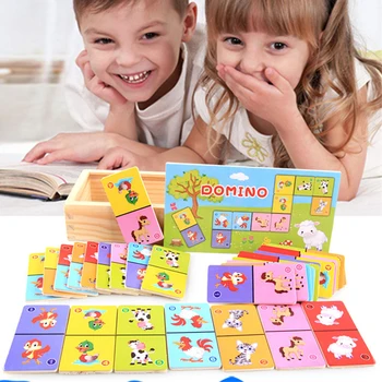 Montessori Ahşap Domino Yapı Taşları Set Erken Eğitici Oyuncaklar Çocuklar Bilişsel Hayvan Solitaire Domino Bulmaca Oyuncak Çocuk