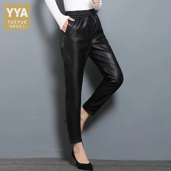 Bahar Kadın Elastik Bel Hakiki Deri kalem pantolon Ofis Bayan Koyun Derisi siyah Pantolon Slim Fit Yüksek Bel Düz Pantolon