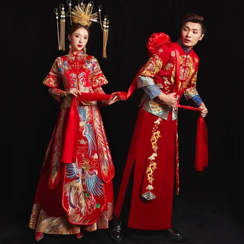Çin Geleneksel Düğün kadın Elbise Xiuhe Cheongsam Uzun Qipao Kırmızı Nakış Oryantal Tarzı Çift Giyim Vestido Chino