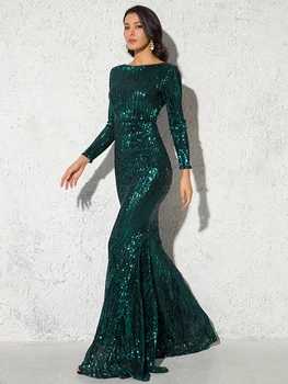 Mütevazı Yeşil Uzun Kollu Mermaid Pullu gece elbisesi Bordo O Boyun Streç Düğün Parti Resmi Maxi Elbise Kış Kadın