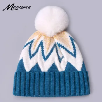 Kış Kadın Karışık Renk bere şapka İle Faux Kürk Ponpon Sevimli Örme Şerit Desenli Yün Kayak Kap Kaput Sıcak Yumuşak Şapka Bere
