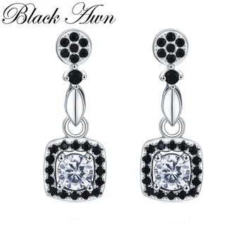 [SIYAH AWN] Vintage Gümüş Renk Küpe Siyah Spinel Çiçek Nişan Damla Küpe Kadınlar için moda takı T206