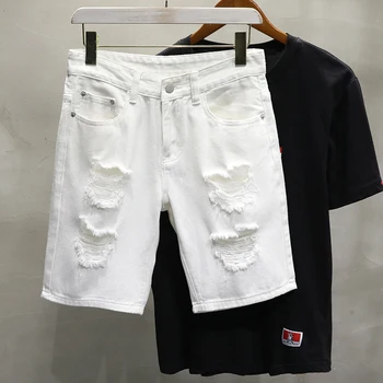 Erkek Giyim Yaz Yırtık Delik Beyaz Siyah Haki Kot Şort Düz Rahat Rahat Streetwear Kargo pantolon Kısa Bermuda