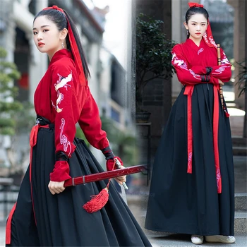 Çin Geleneksel Hanfu Dövüş sanatları Vinç Nakış Elbise Kılıç Ustası Halk Dans Kimono Japon Hırka Uzun Etek Unisex