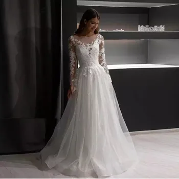 Klasik Tül Scoop düğün elbisesi Basit Uzun Kollu A-Line Dantel Aplikler Illusion Geri Düğmesi gelin kıyafeti Custom Made