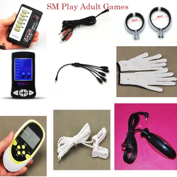 SM Oyun Yetişkin Oyunları Elektrik Çarpması Aksesuar Ünitesi Meme Kelepçeleri Penis Halkası Anal Plug Elektro Şok Aksesuar DIY Seks Oyuncakları