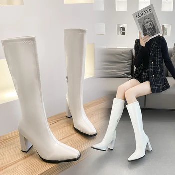 2022 Moda Diz Yüksek Çizmeler Sonbahar Kış Kadın Pu Deri Kare Yüksek Topuk Batı Çizmeler Sivri Burun Fermuar Kadın Ayakkabı Beyaz
