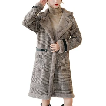 2021 Ekose Yeni Sonbahar Kış kadın giyim Paltolar Faux Kürk Yaka Kadın Yün Palto OL Moda Bayan Giyim