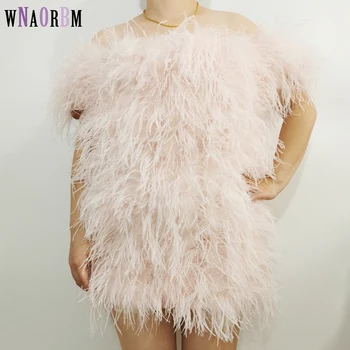 2022 seksi %100 % doğal devekuşu saç elbise kadın kürk ceket düşük göğüs kapalı tek omuzlu elbise gerçek devekuşu kürk ceket kürk mini etek
