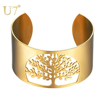 U7 Hayat Ağacı Manşet Bilezik Büyük Bileklik Vintage Altın / Paslanmaz çelik Renk Erkek Kadın El Takı Noel Hediyeler için H1068