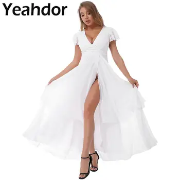Yetişkinler Gelinlik Modelleri Bayan Zarif Ruffled Kollu V Boyun Yan Bölünmüş Şifon Maxi Elbise Düğün Parti Vestido De Fiesta