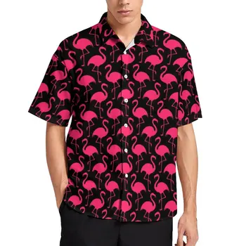 Pembe Flamingolar Desen Casual Gömlek Erkek Sevimli Hayvan Baskı havai gömleği Yenilik Bluzlar Kısa Kollu Büyük Boy