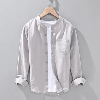 Yaz erkek Keten Gömlek Çin Tarzı Standı Yaka Uzun Kollu Düz Renk İnce Rahat Gevşek Beyaz Geleneksel Klasik Bluzlar