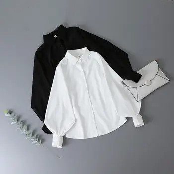 Deeptown Fener Kollu Vintage Beyaz Gömlek Kadın Zarif Bayan Bluz Yemyeşil Kollu Moda Düğme Gömlek Siyah 2021