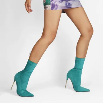 Kadın Yeni Moda Seksi Elastik Çizmeler Sivri İnce Yüksek Topuk Kollu kısa çizmeler 45 Büyük kadın Botları