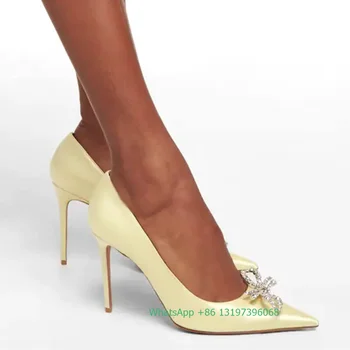 Bayan Zarif papyon Leke Yüksek Topuklu Seksi Sivri Burun Parti Pompaları Günlük Elbise Rahat Yüksek Topuklu Sarı Siyah Beyaz düz ayakkabı