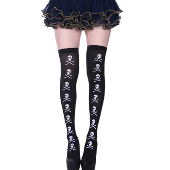 Kadın Gotik Cadılar Bayramı Siyah Uyluk Yüksek Çorap Kafatası İskelet Baskılı Diz Üzerinde Uzun Çorap Lolita Cosplay Tayt
