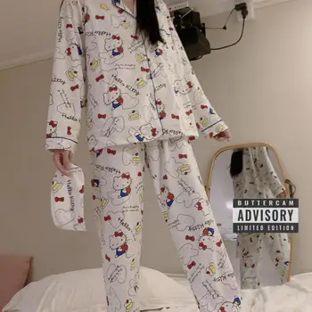 Kawaii Sanrio Hello Kitty Pijama Ins Yeni Karikatür Bahar Sonbahar Bayanlar Kitty Uzun Kollu Pijama Set Rahat Ev Giyim Kız Hediye